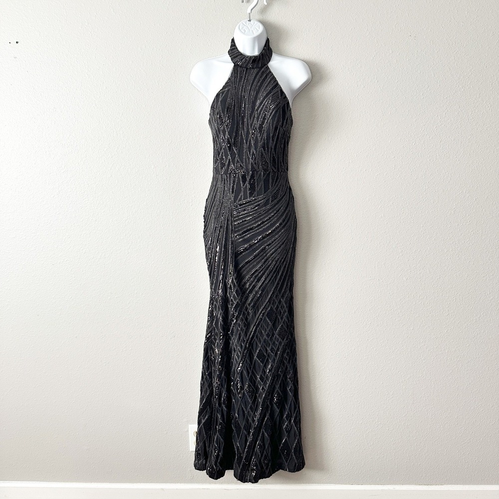 AQUA Sequin Argyle Halter Neck Floor‎ Length Trumpet Mermaid Gown Dress Size 2 - Picture 2 of 14